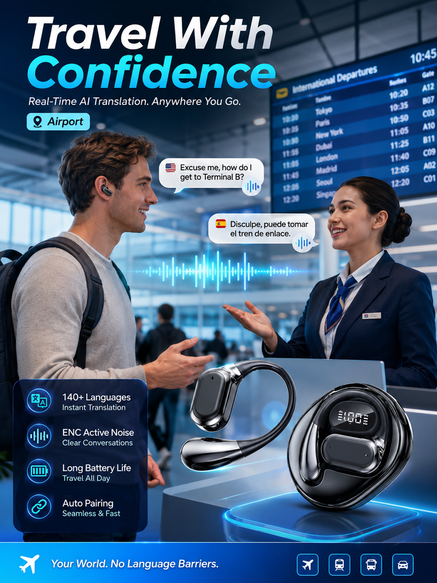 140 Languages AI Real-Time Translation Open Ear Wireless Earbuds | ENC Noise Reduction Translator Headset