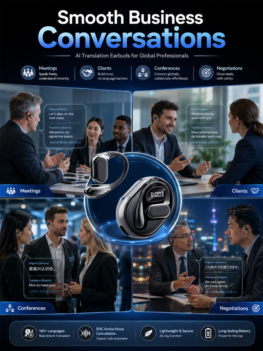 140 Languages AI Real-Time Translation Open Ear Wireless Earbuds | ENC Noise Reduction Translator Headset