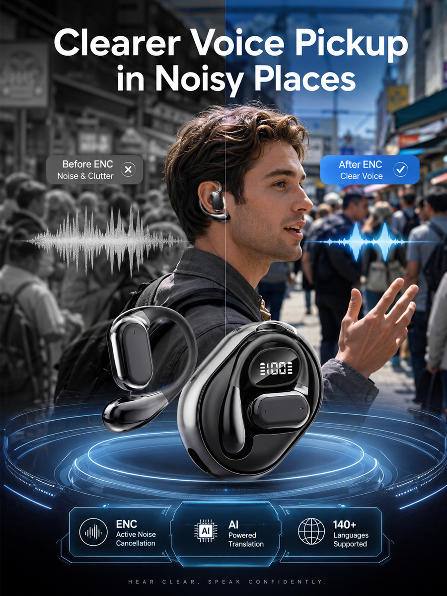 140 Languages AI Real-Time Translation Open Ear Wireless Earbuds | ENC Noise Reduction Translator Headset