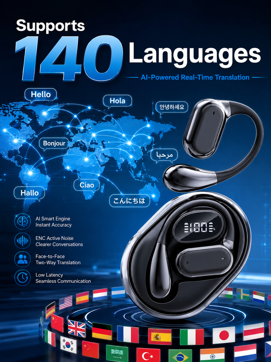 140 Languages AI Real-Time Translation Open Ear Wireless Earbuds | ENC Noise Reduction Translator Headset