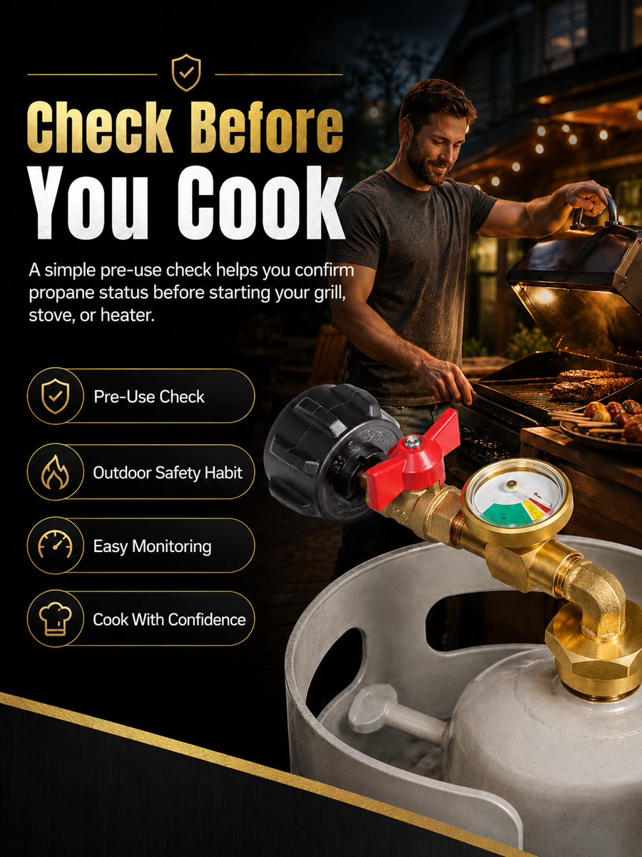 Propane Tank Pressure Gauge & Shut-Off Valve – Leak-Proof Brass Safety Monitor with Visual Pressure Indicator