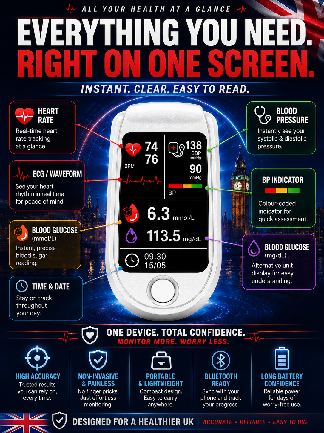 Medisana Pulse Oximeter - 💉 No injection required, blood sugar and blood pressure can be measured in 3-5 seconds!