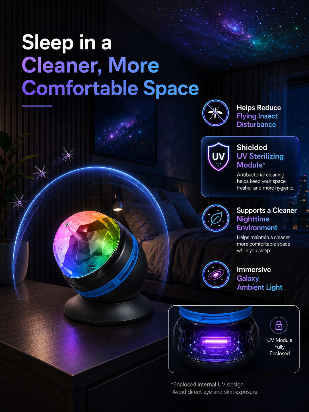 Topacme™2-in-1 lmmersive Projection &Purple AmbientProtection Mode | Large-sphere projection & 4K immersive visuals. Instantly soothe your night!