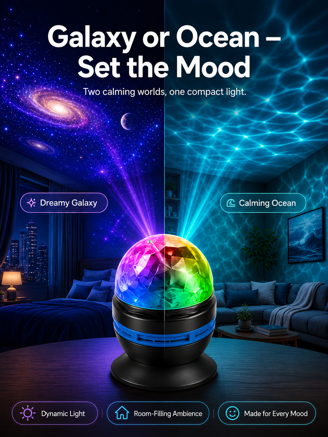 Topacme™2-in-1 lmmersive Projection &Purple AmbientProtection Mode | Large-sphere projection & 4K immersive visuals. Instantly soothe your night!