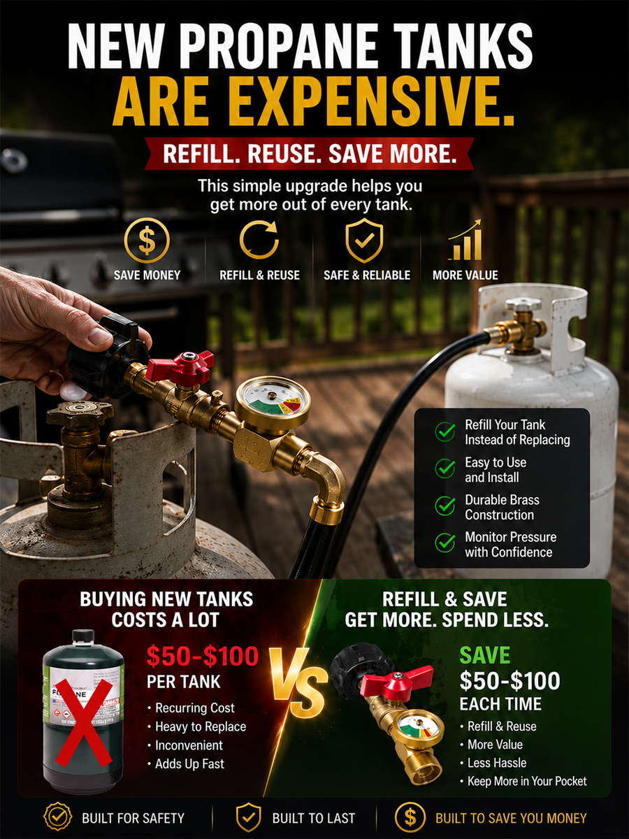 propane refill adapter with shut off valve | DOT refillable 1 lb propane cylinder adapter