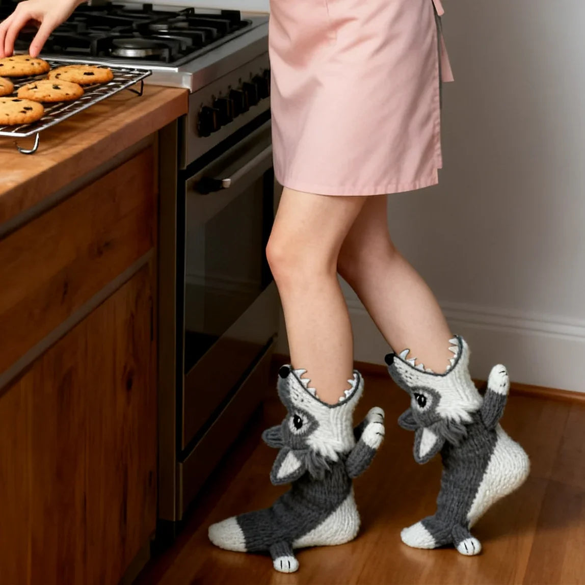 3D Gray Wolf Knit Socks – Gray Cotton Blend Novelty Socks