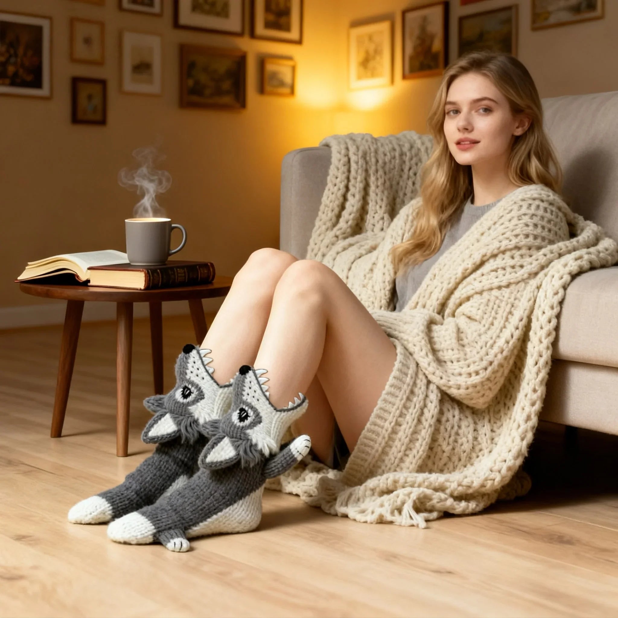 3D Gray Wolf Knit Socks – Gray Cotton Blend Novelty Socks