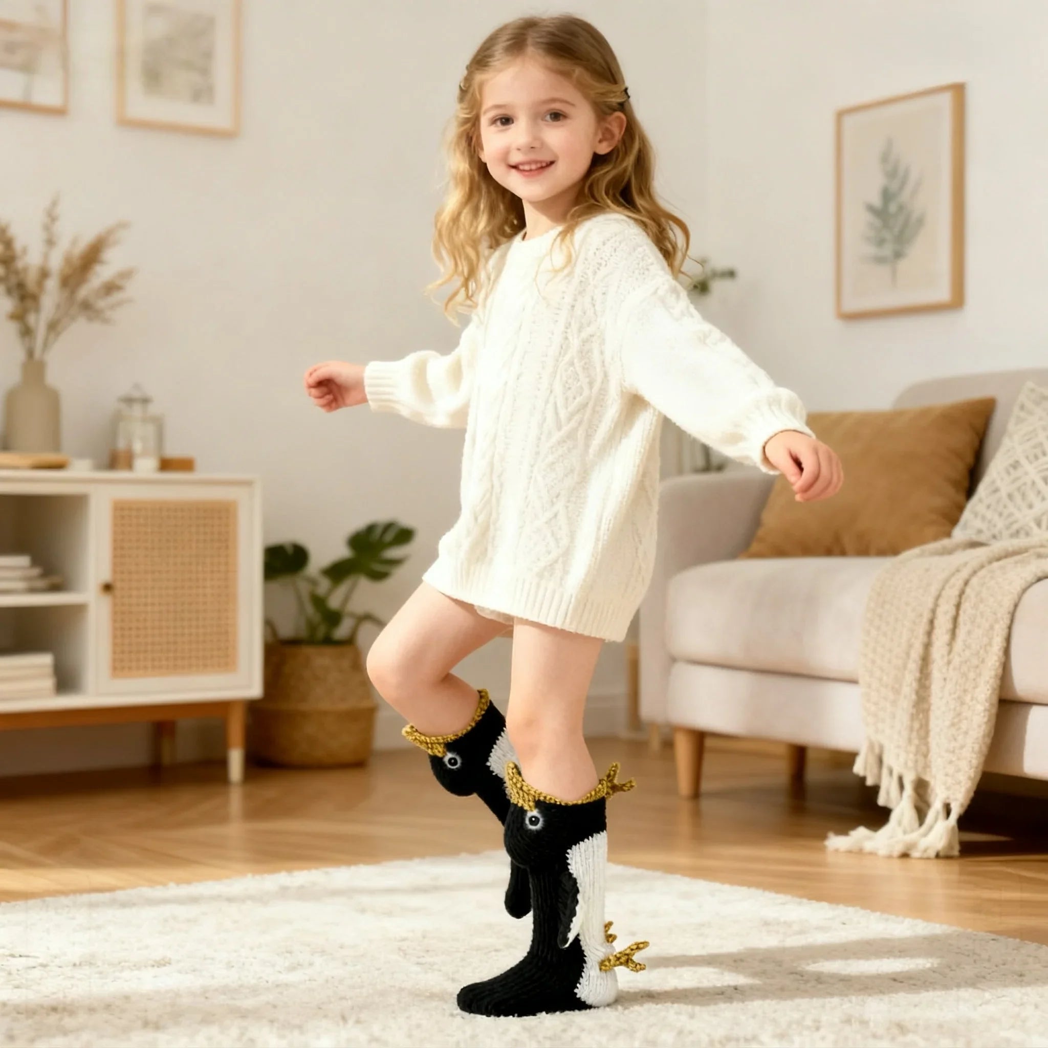 3D Penguin Knit Socks – Black White Cotton Blend Socks