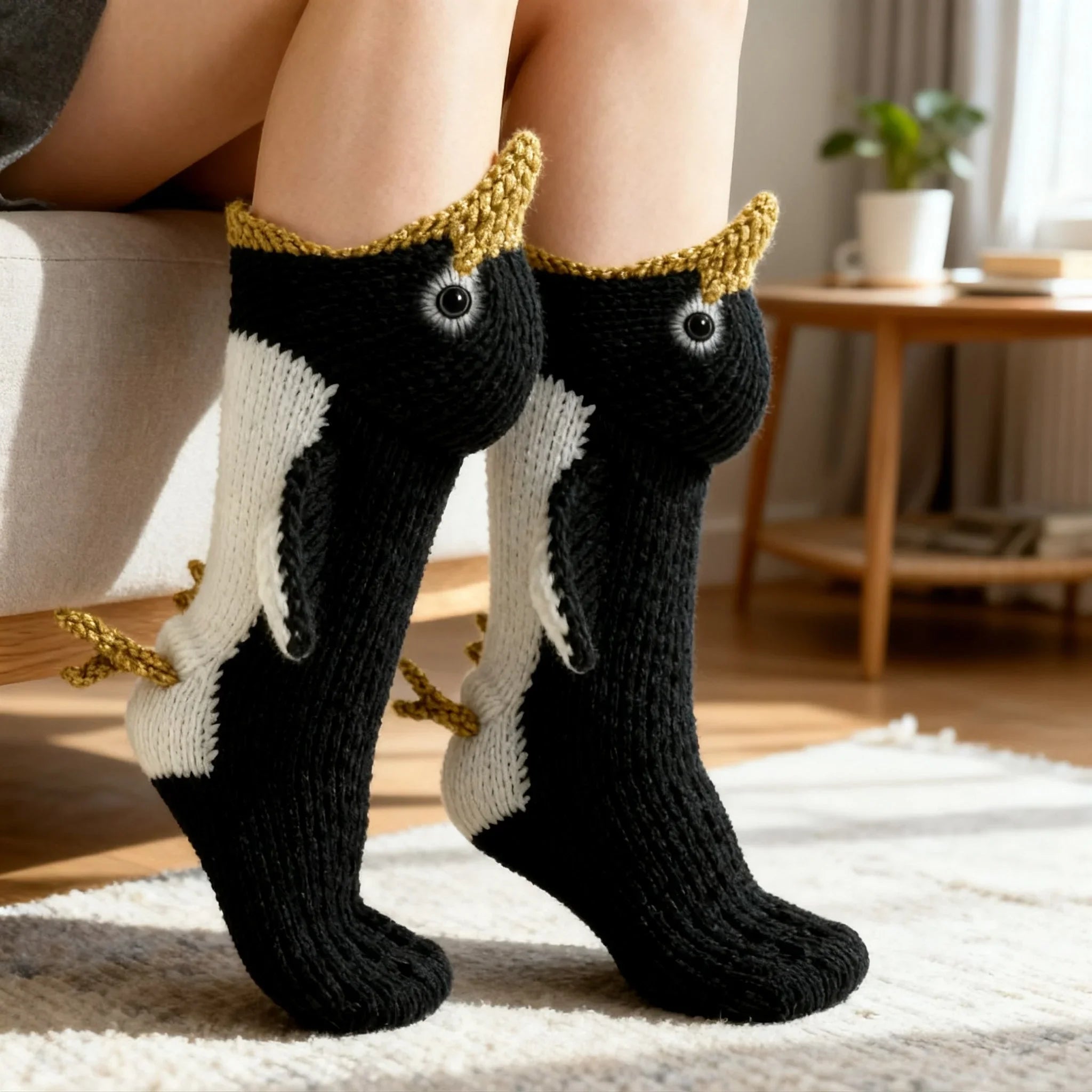 3D Penguin Knit Socks – Black White Cotton Blend Socks