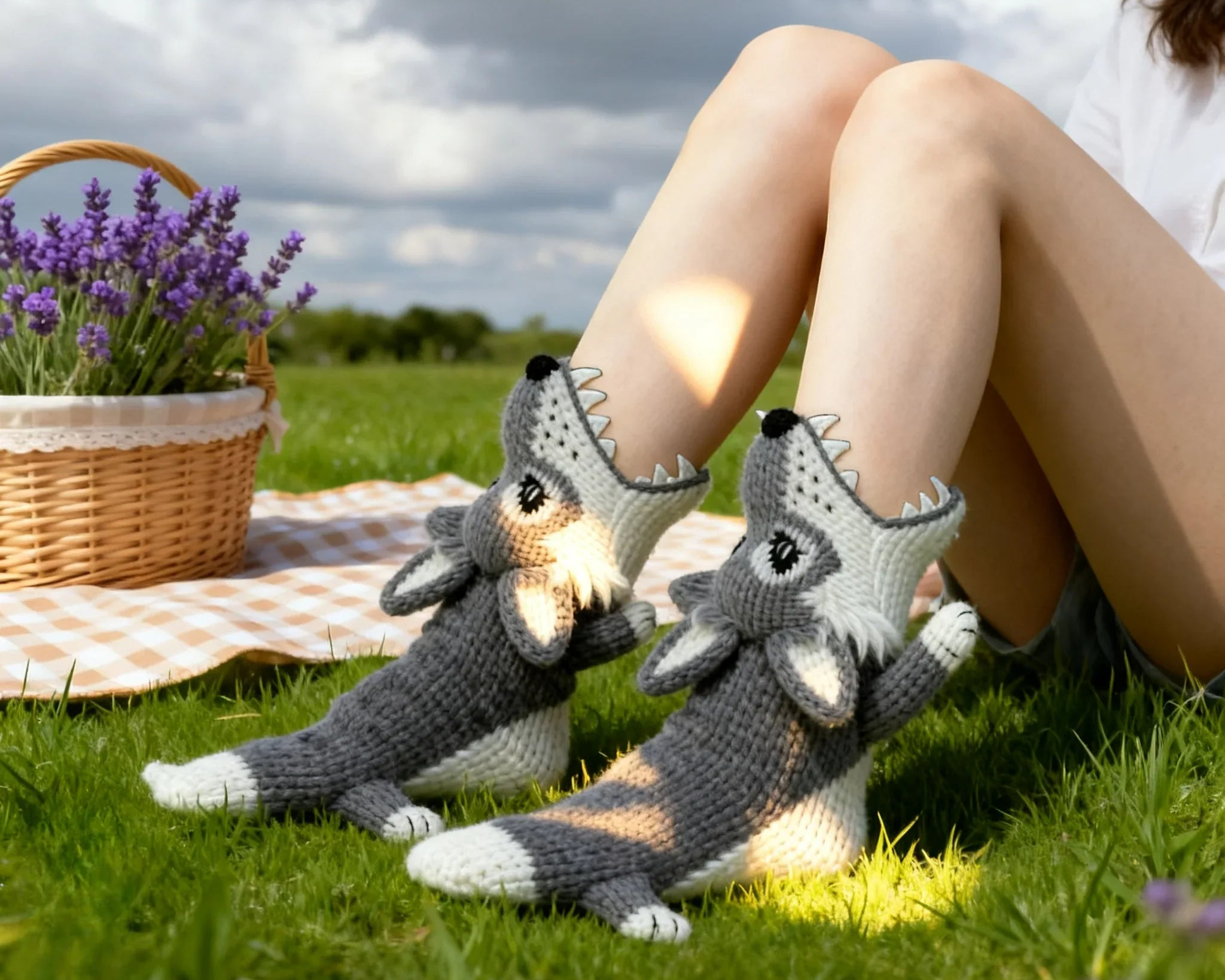 3D Gray Wolf Knit Socks – Gray Cotton Blend Novelty Socks
