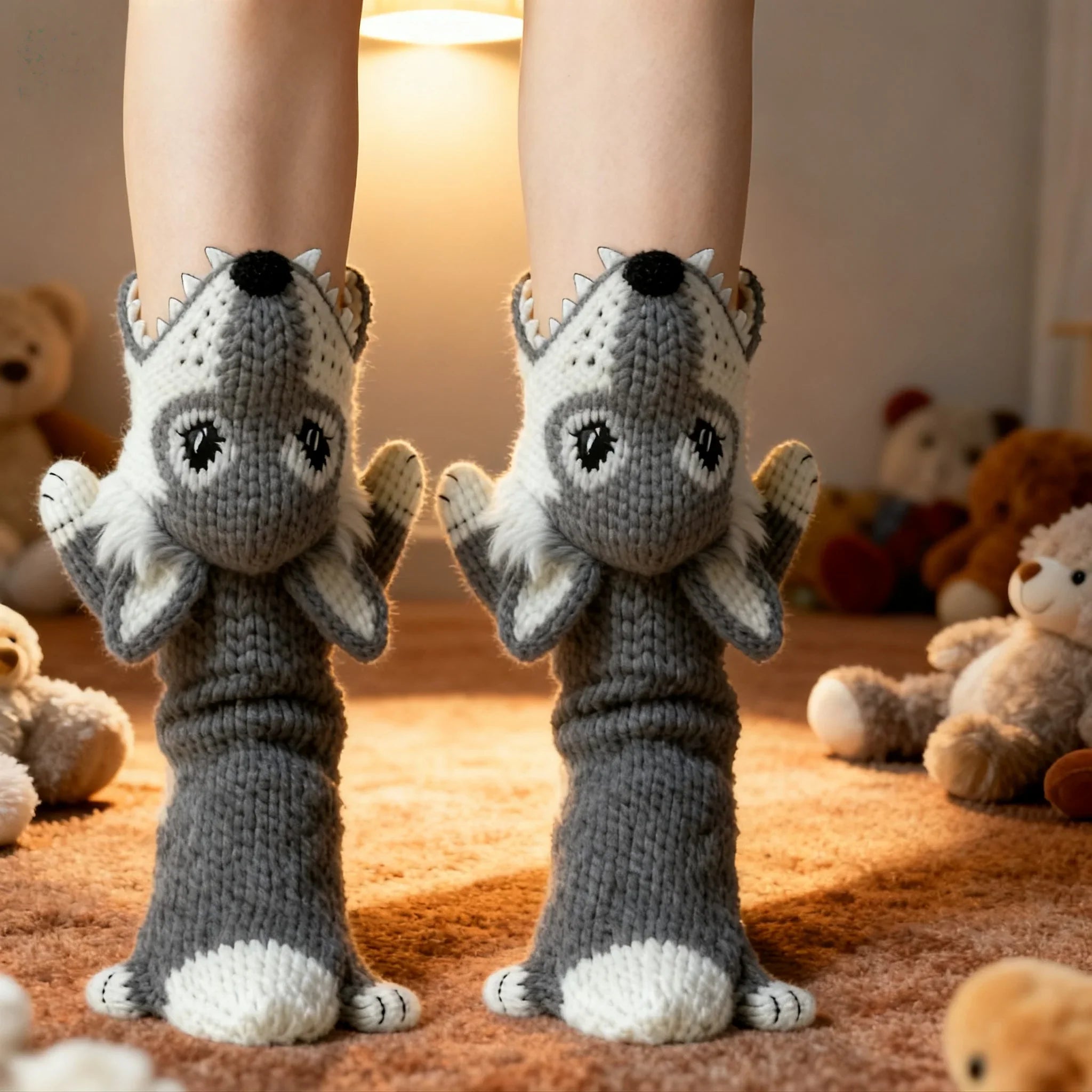 3D Gray Wolf Knit Socks – Gray Cotton Blend Novelty Socks