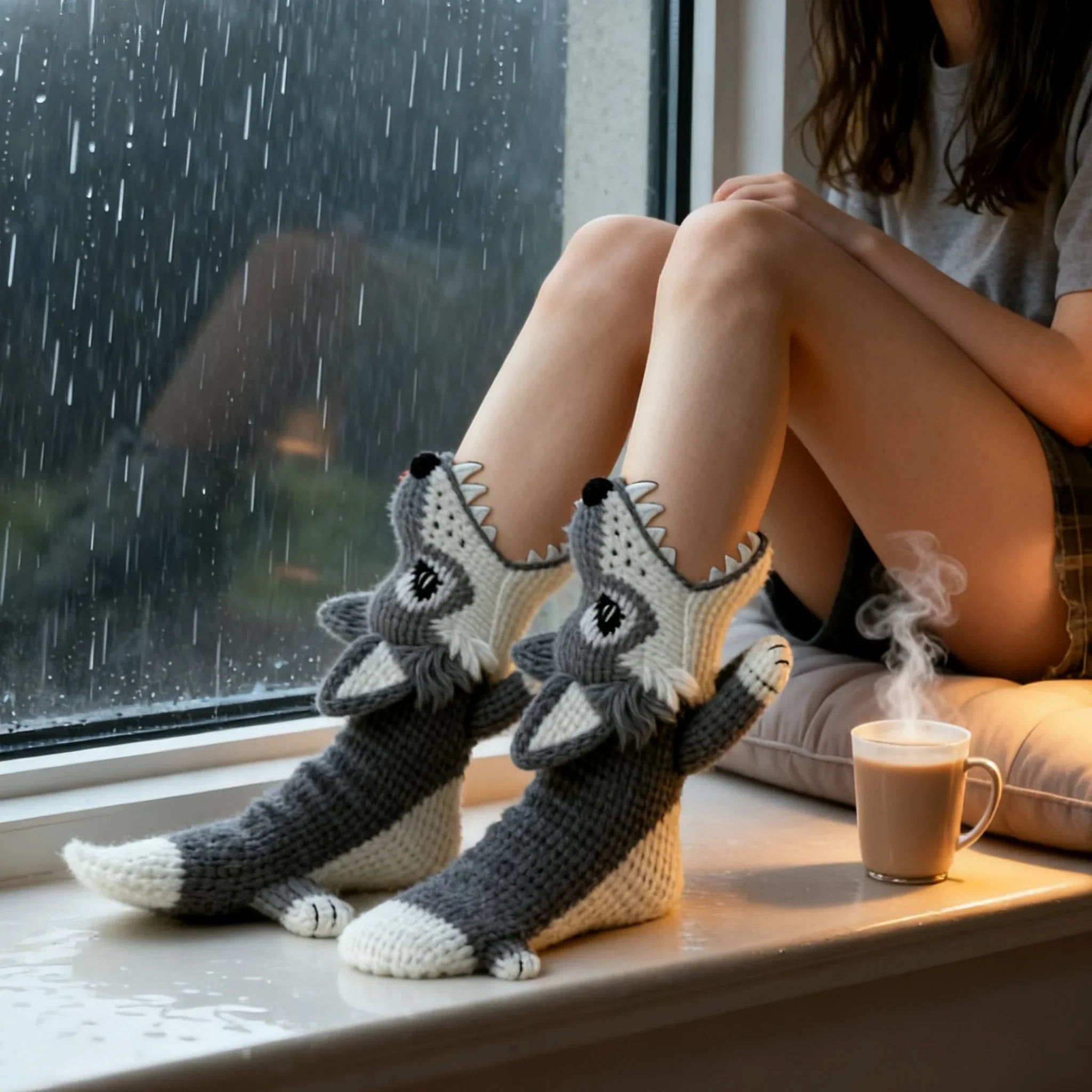 3D Gray Wolf Knit Socks – Gray Cotton Blend Novelty Socks