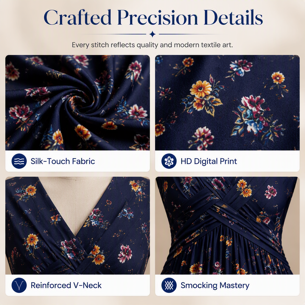 Floral dress neckline, print and waist construction details