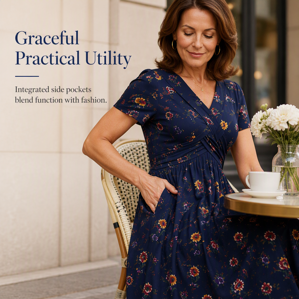 Navy floral dress with functional side pocket