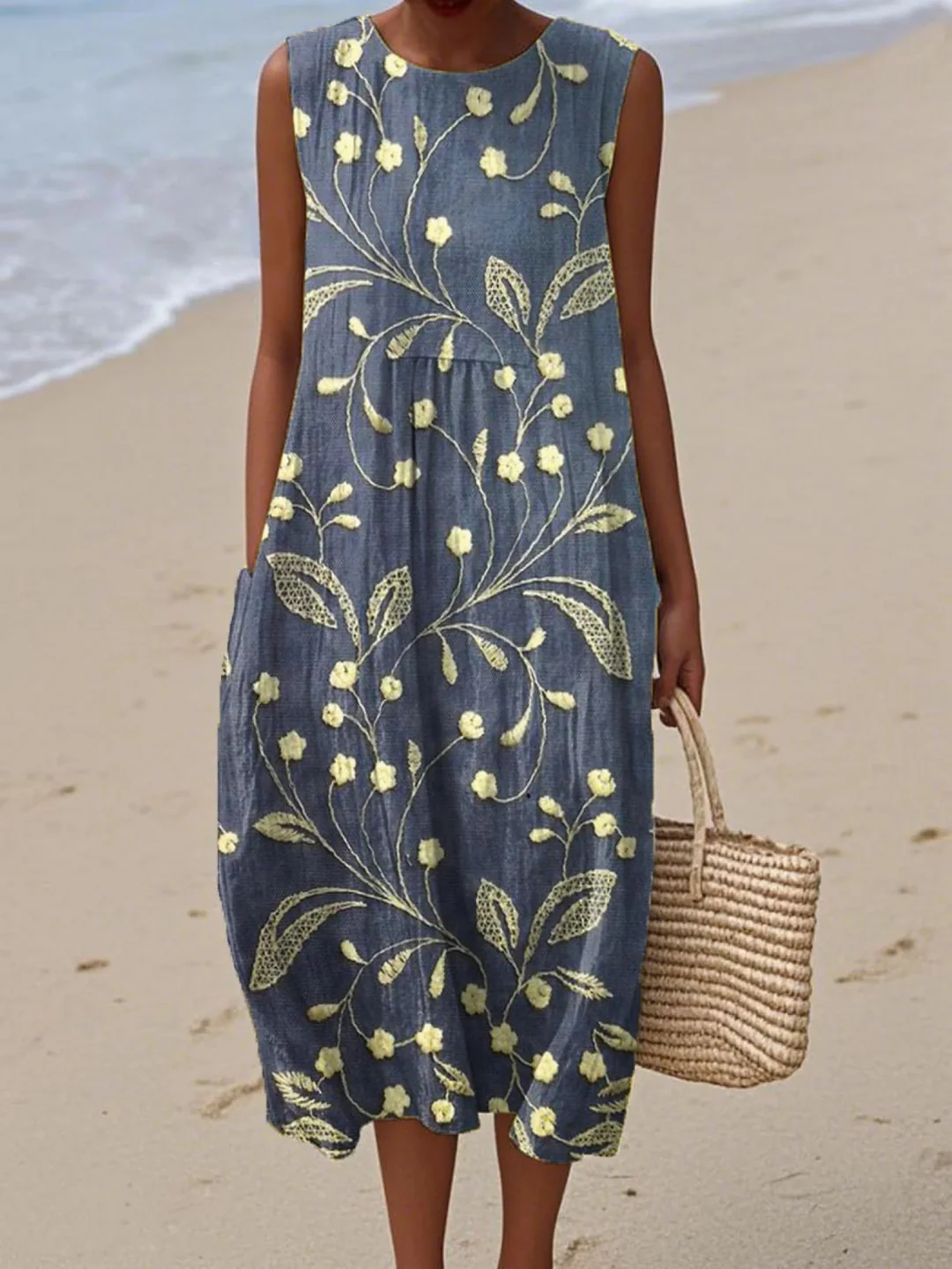 Women's Vintage Floral Pattern Art Print Sleeveless Pocket Wrap Dress