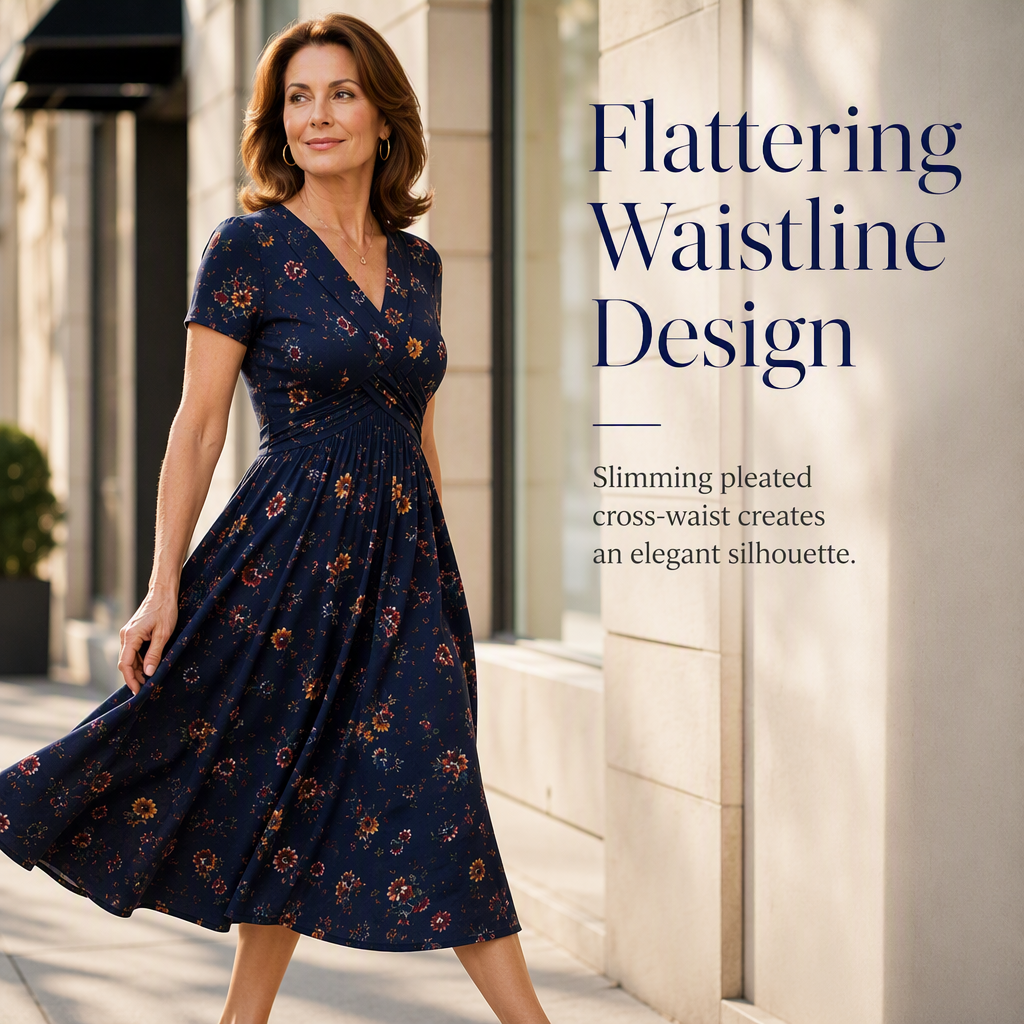 Navy floral midi dress twist-waist silhouette