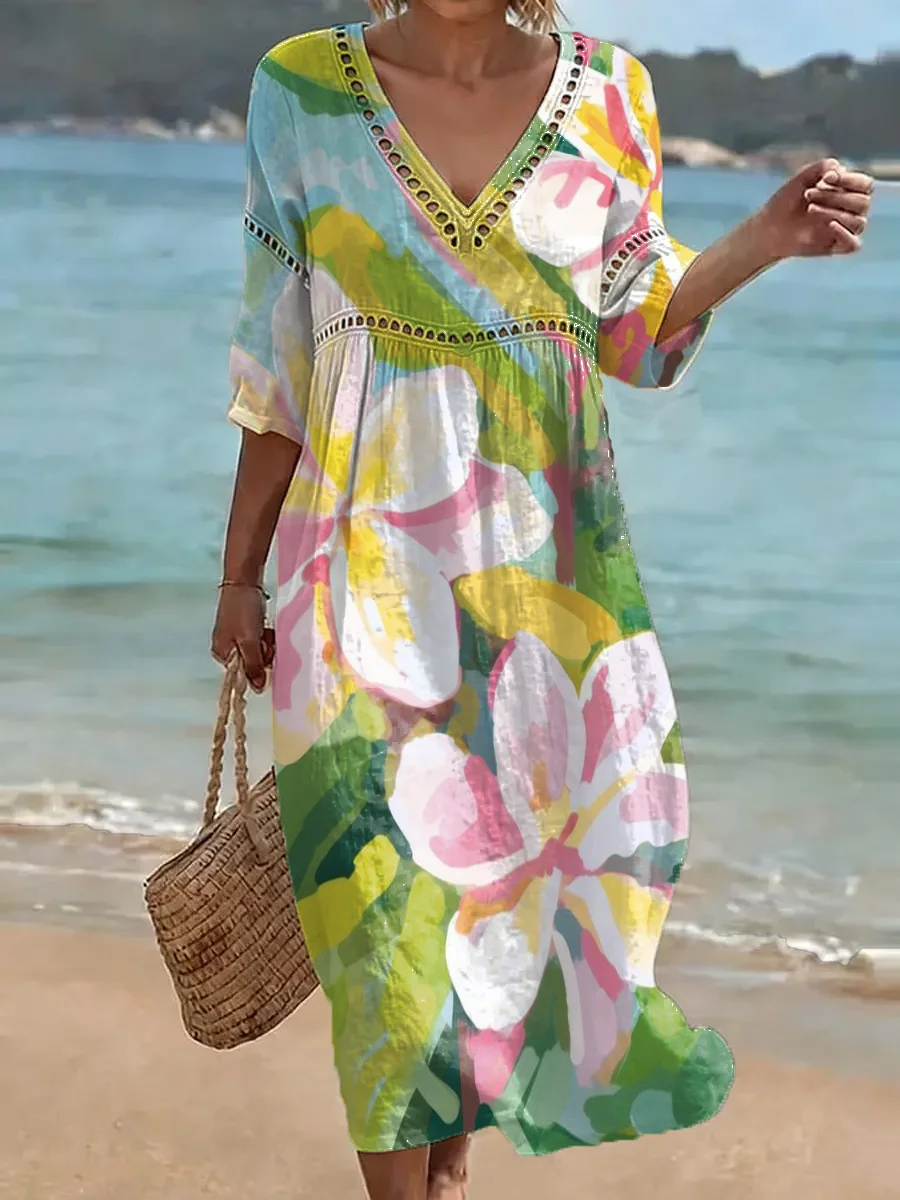 Women's Retro Color-block Floral Art Print Loose Cotton-linen Dress