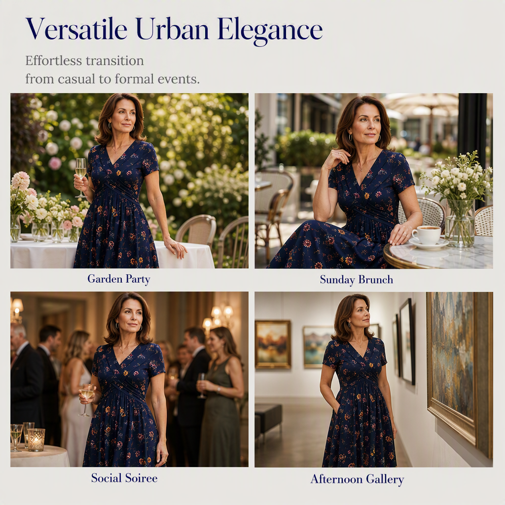 Navy floral dress styled for several occasions