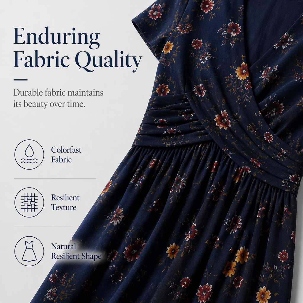 Navy floral dress fabric and waist detail