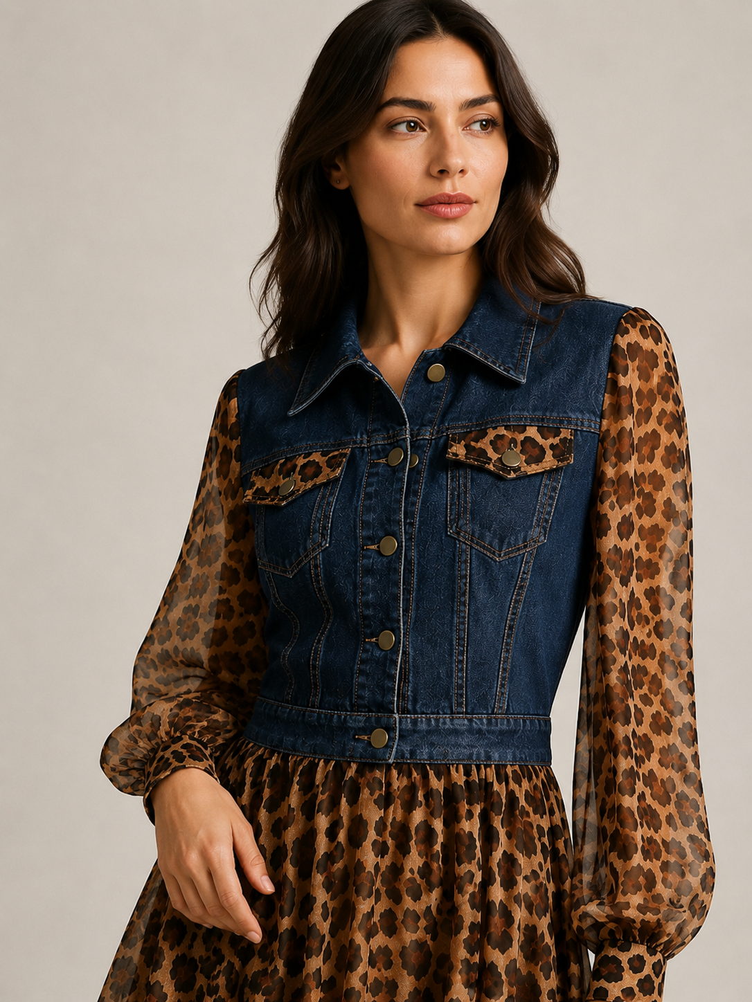Milan Denim Bodice Leopard Dress