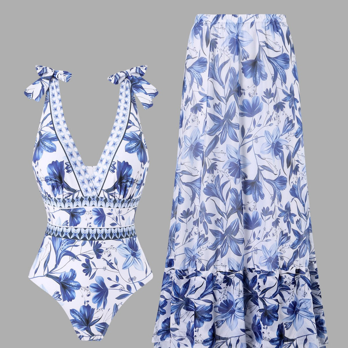 - blue and white porcelain swimsuit wrap skirt suits