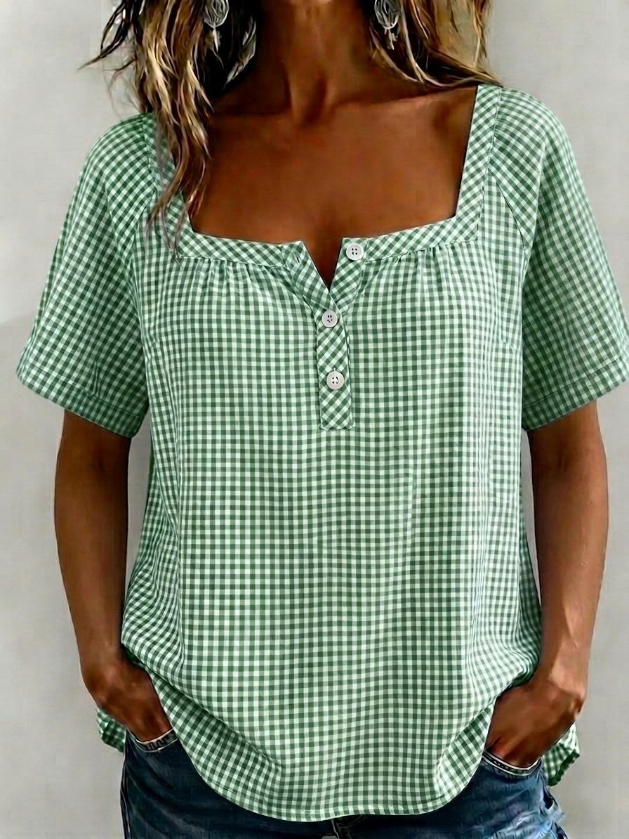 New Arrival 🔥 Women's Square Collar Checkered Cotton-Linen Blouse