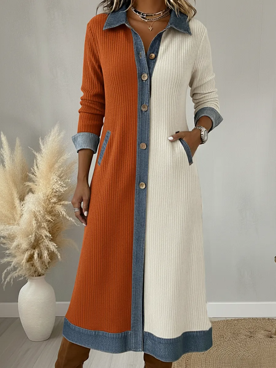 Denim Patchwork Contrast Lapel Button Midi Dress