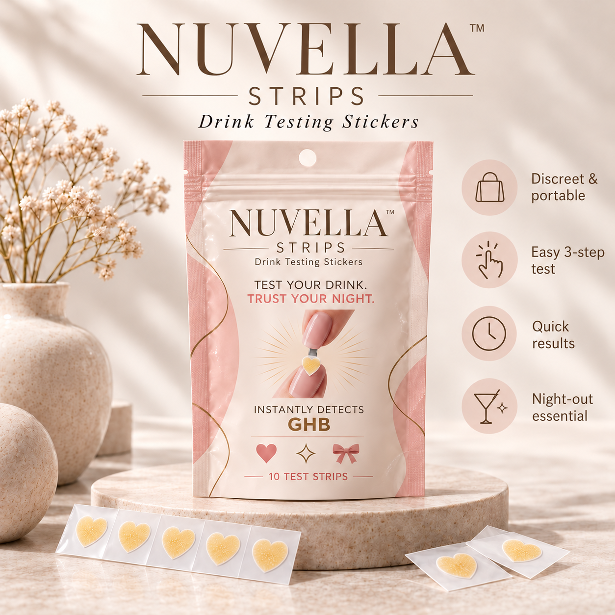 NUVELLA drink testing stickers packaging and nail sticker