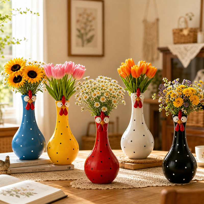 Whimsical Polka‑Dot Rooster Ceramic Vase, Quirky Farmhouse Chicken Shaped Flower Vase for Home Table Decor