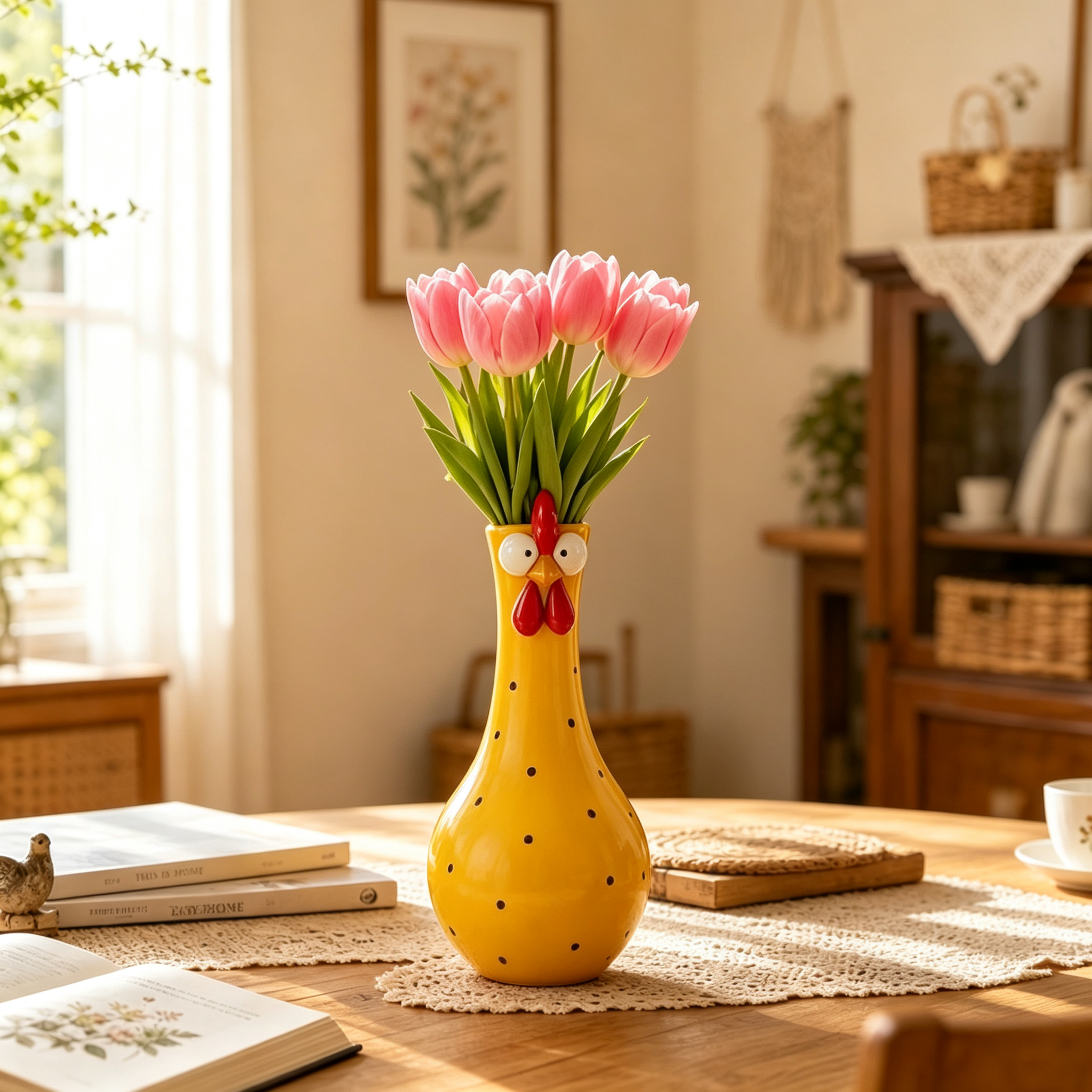 Whimsical Polka‑Dot Rooster Ceramic Vase, Quirky Farmhouse Chicken Shaped Flower Vase for Home Table Decor