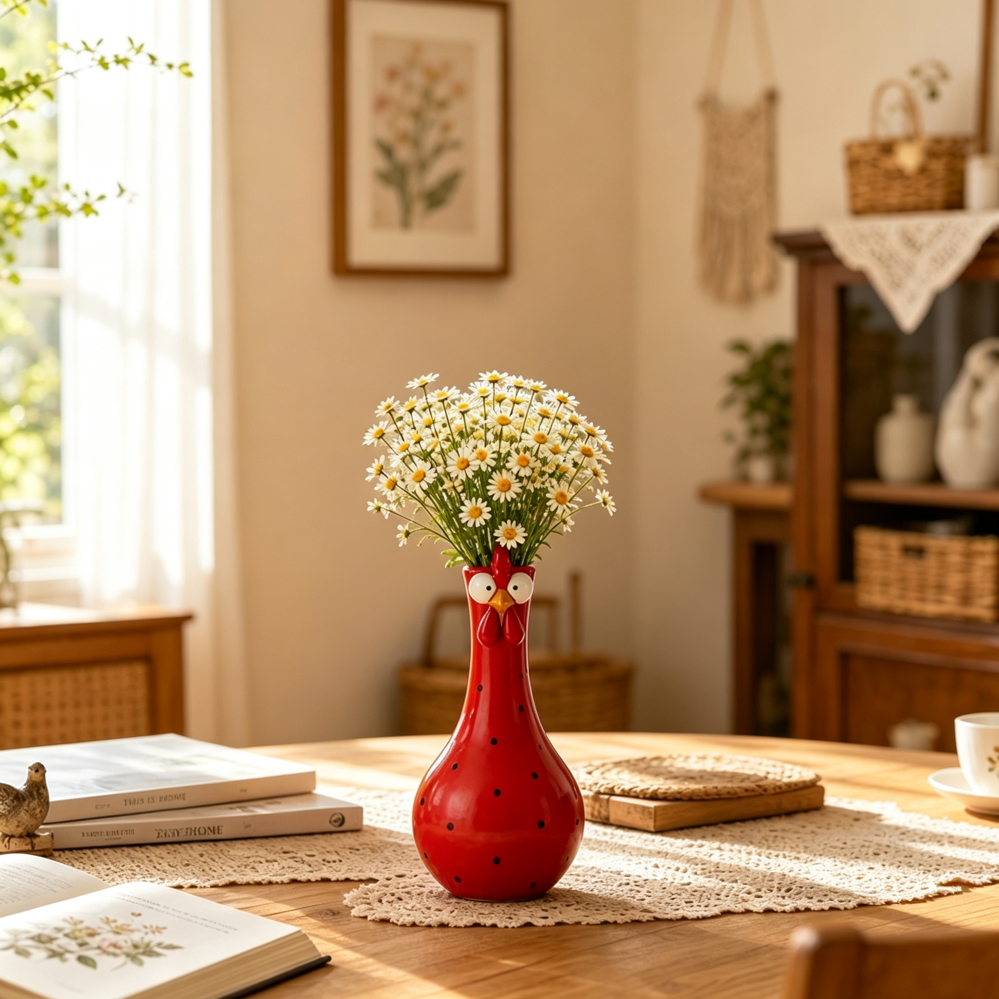 Whimsical Polka‑Dot Rooster Ceramic Vase, Quirky Farmhouse Chicken Shaped Flower Vase for Home Table Decor