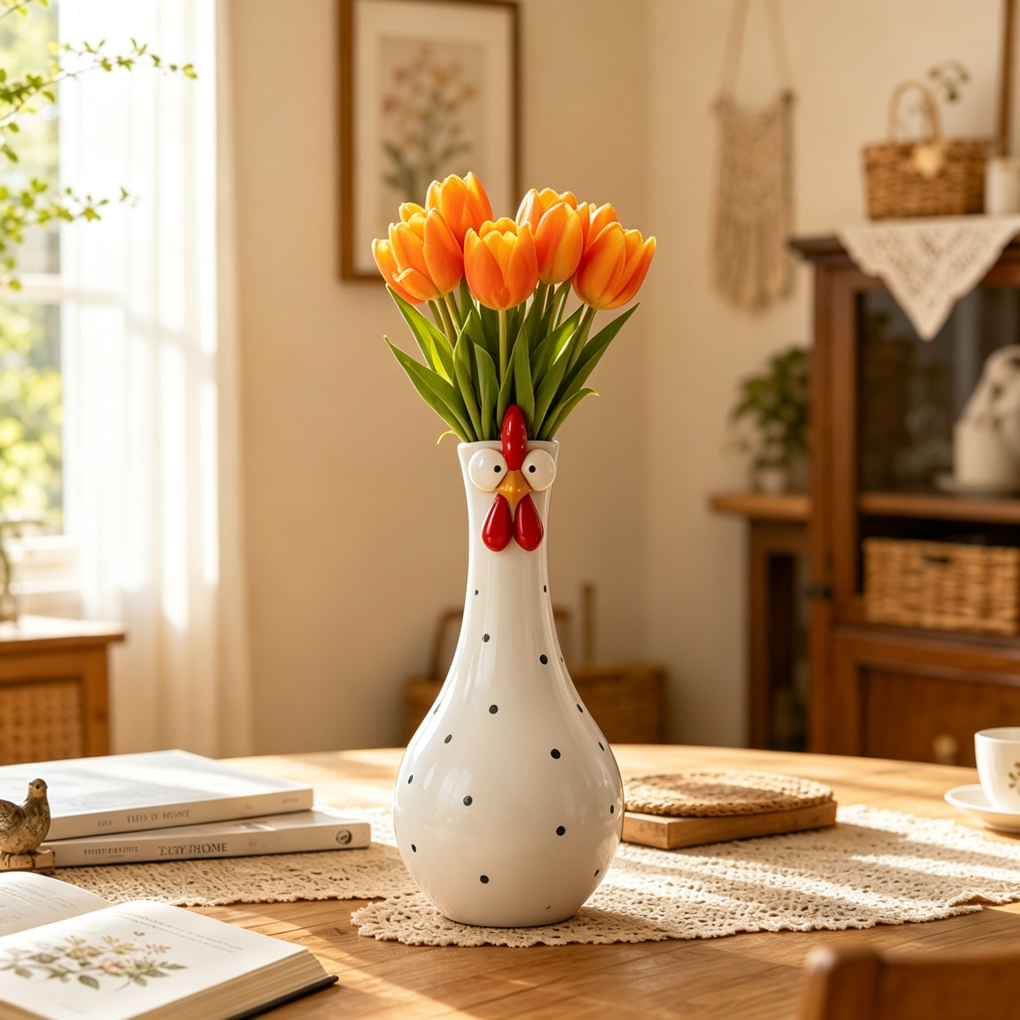 Whimsical Polka‑Dot Rooster Ceramic Vase, Quirky Farmhouse Chicken Shaped Flower Vase for Home Table Decor
