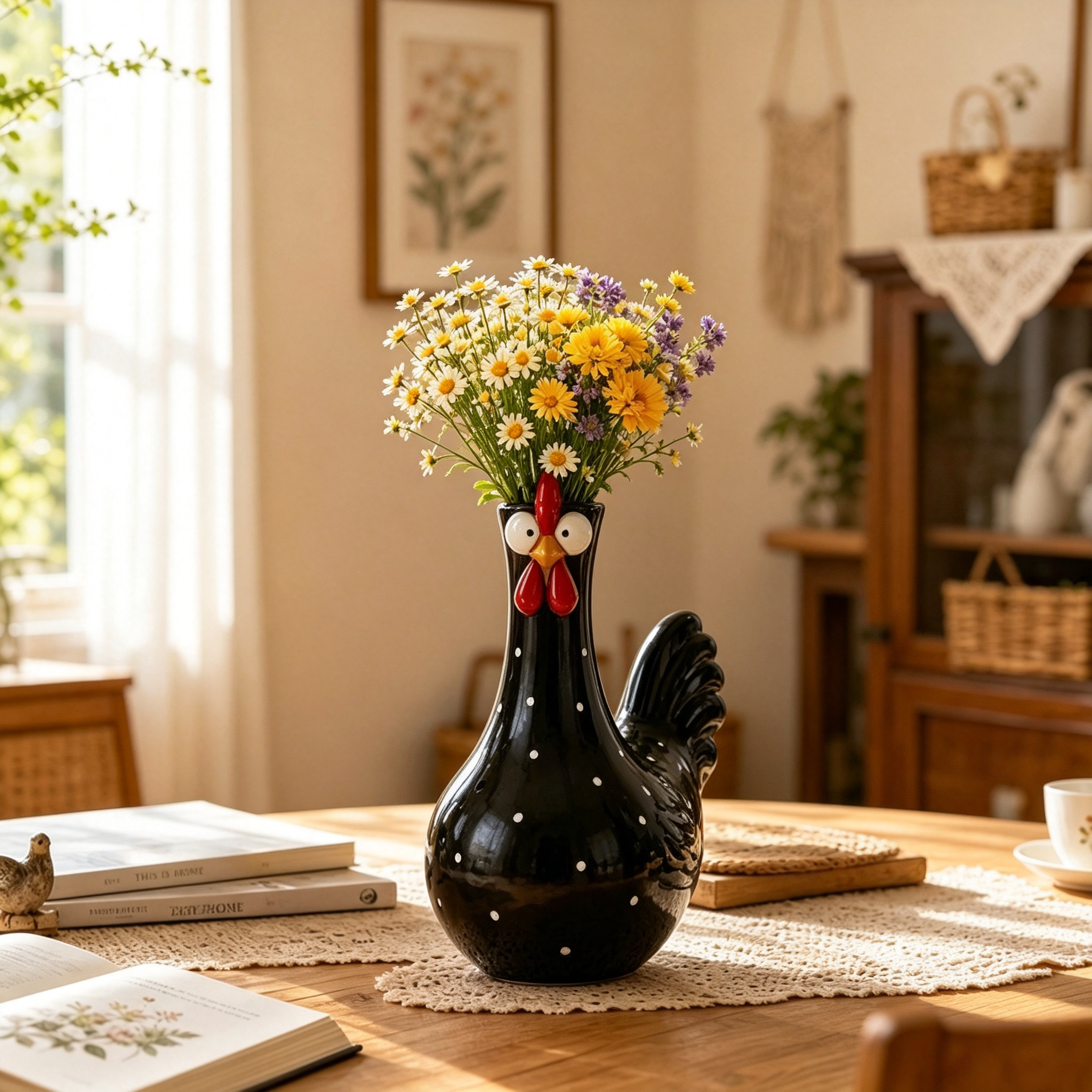 Whimsical Polka‑Dot Rooster Ceramic Vase, Quirky Farmhouse Chicken Shaped Flower Vase for Home Table Decor