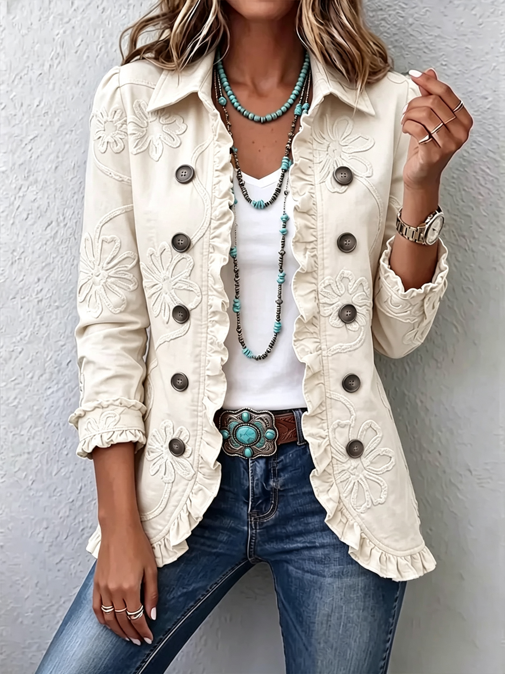 🤲LAST DAY SAVE 49% ⏰Boho-chic Floral Embroidered Utility Ruffled Trim Jacket