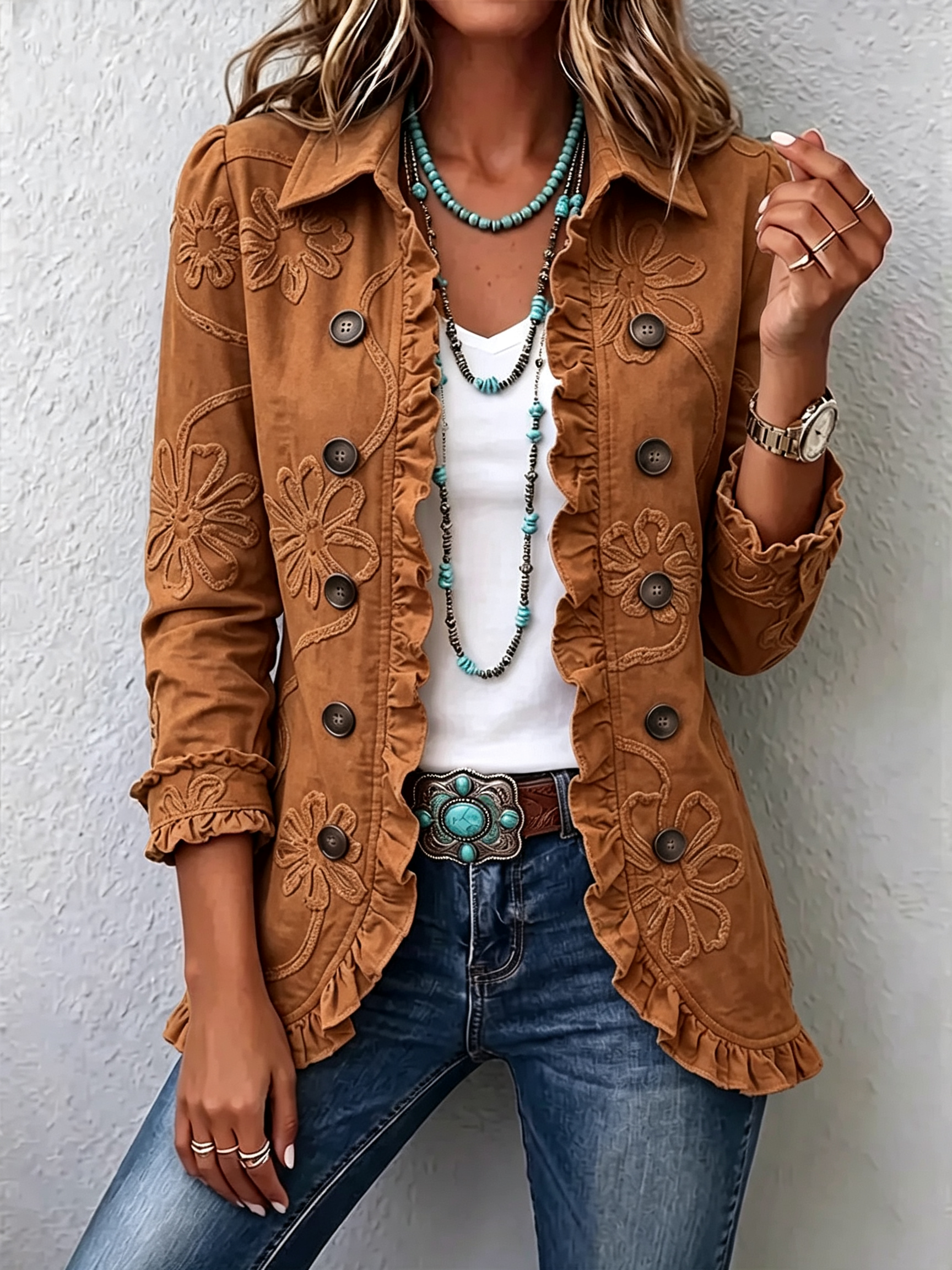 🤲LAST DAY SAVE 49% ⏰Boho-chic Floral Embroidered Utility Ruffled Trim Jacket