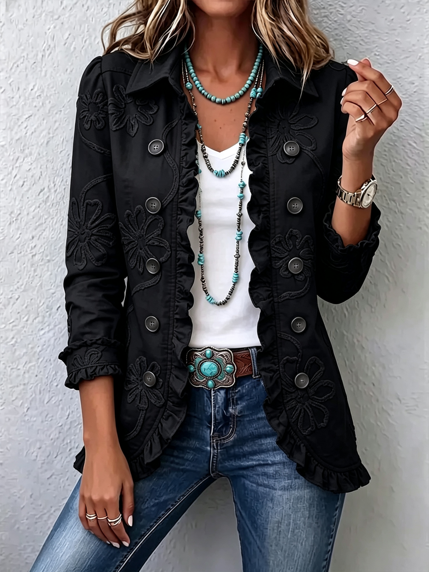 🤲LAST DAY SAVE 49% ⏰Boho-chic Floral Embroidered Utility Ruffled Trim Jacket