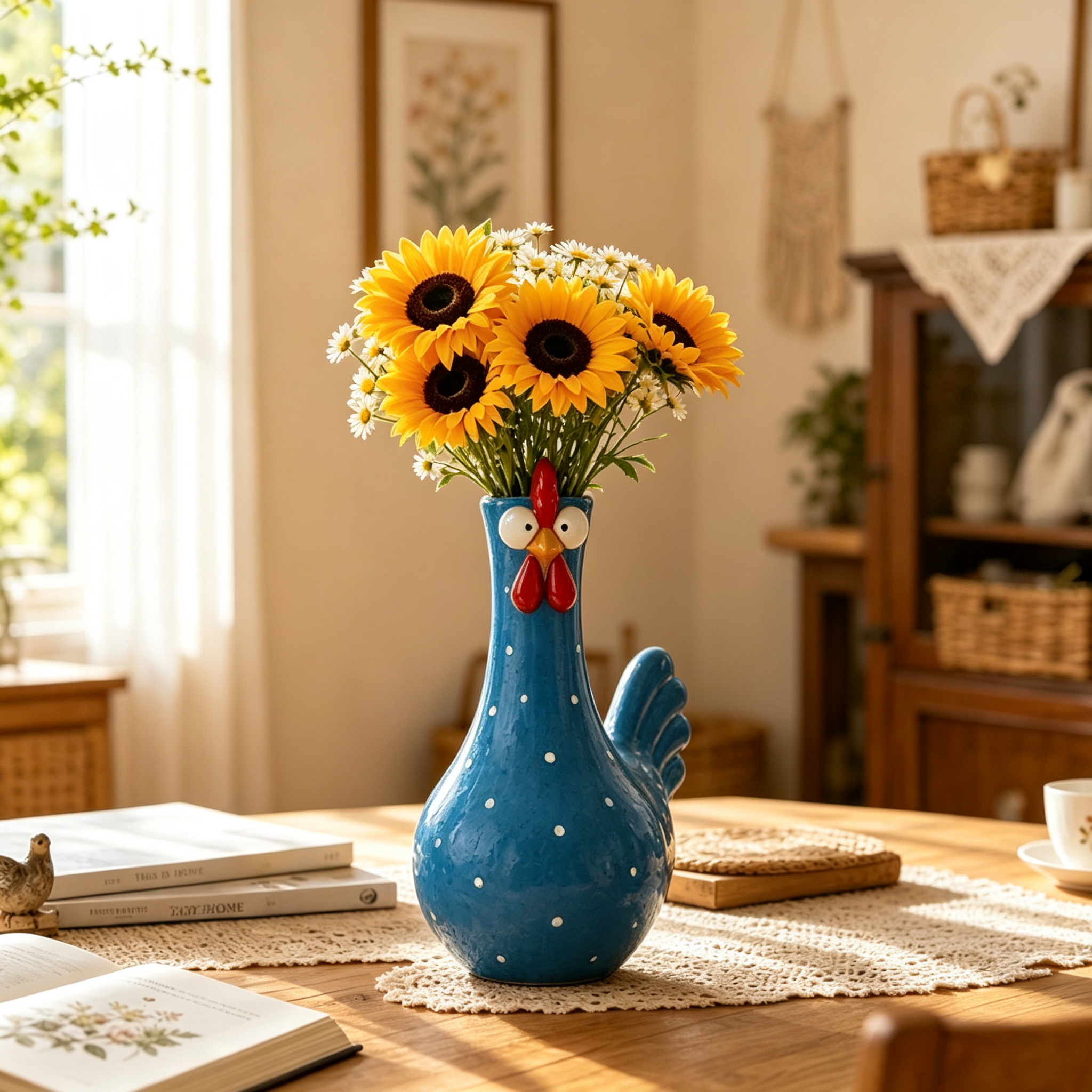 Whimsical Polka‑Dot Rooster Ceramic Vase, Quirky Farmhouse Chicken Shaped Flower Vase for Home Table Decor
