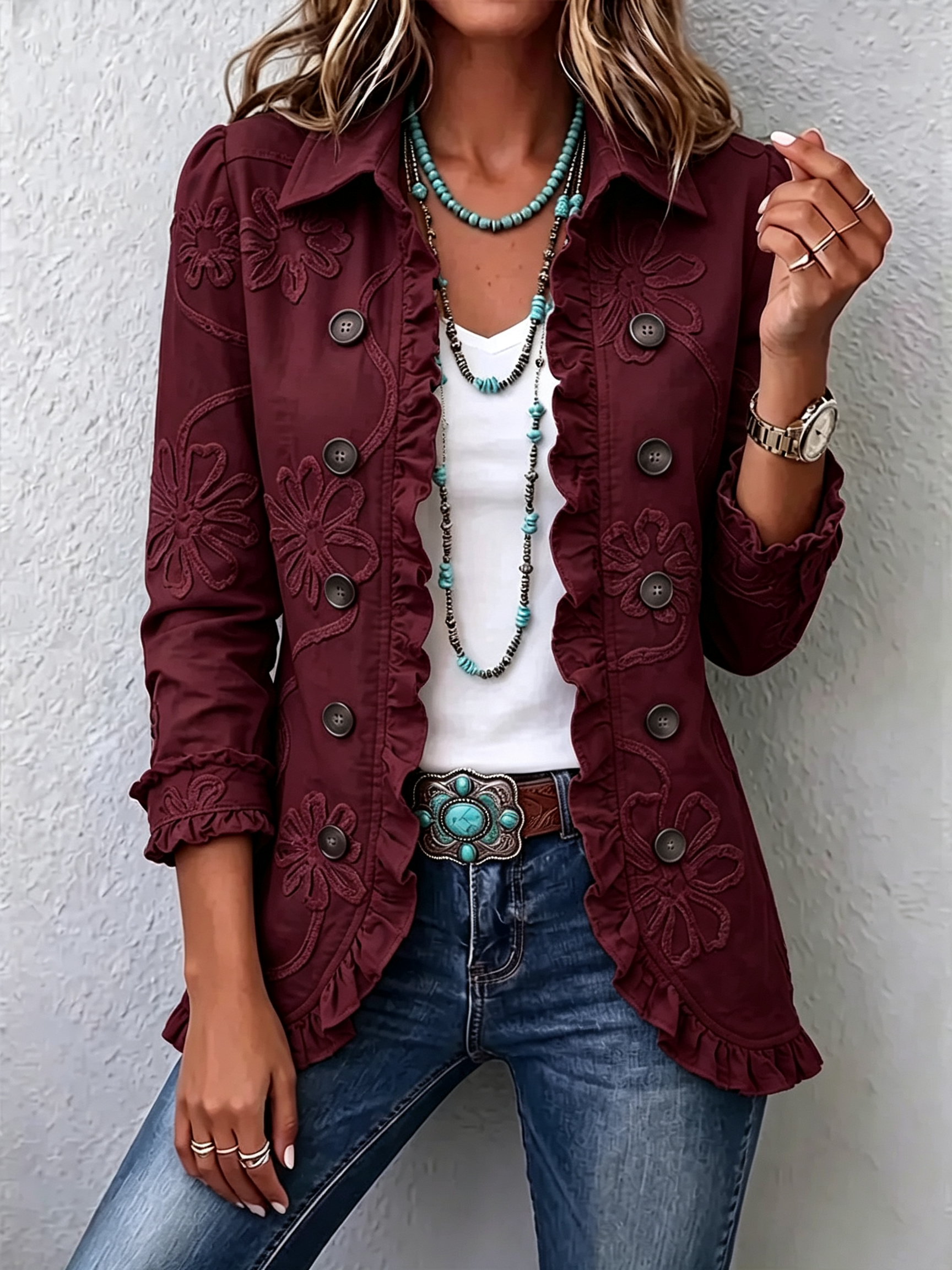🤲LAST DAY SAVE 49% ⏰Boho-chic Floral Embroidered Utility Ruffled Trim Jacket