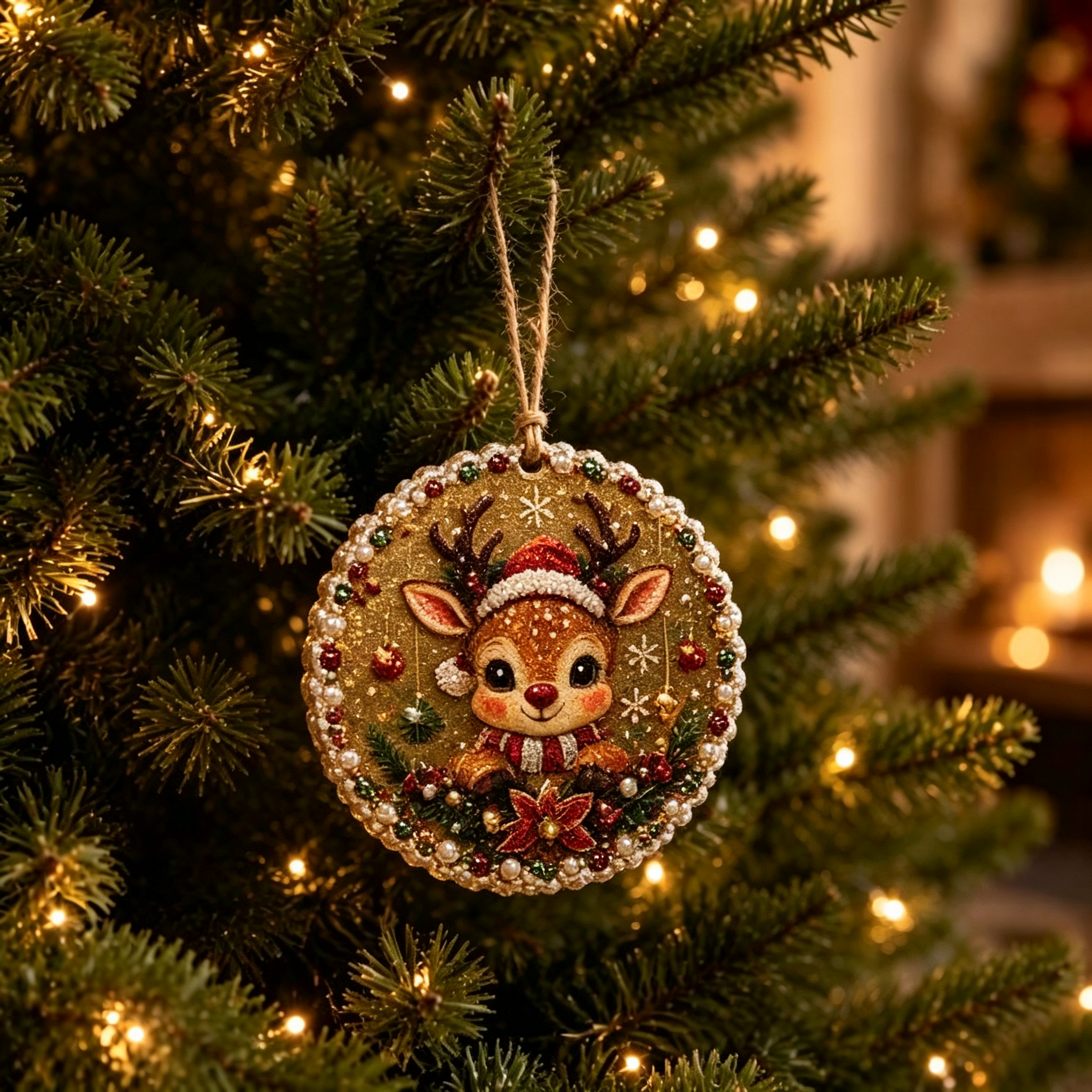Vintage Round Christmas Ornaments Set of 6