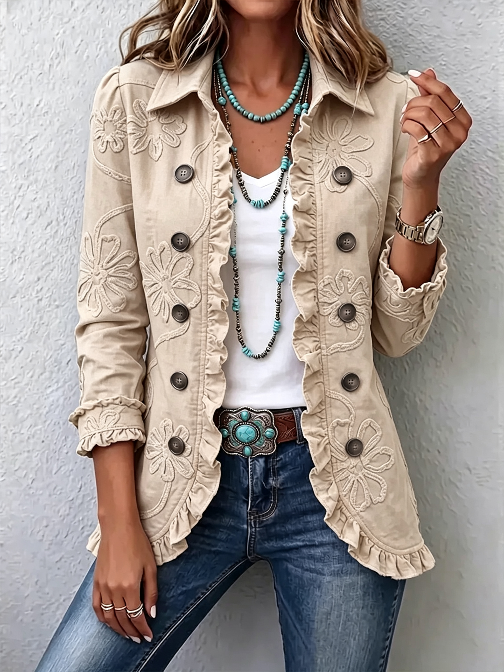 🤲LAST DAY SAVE 49% ⏰Boho-chic Floral Embroidered Utility Ruffled Trim Jacket