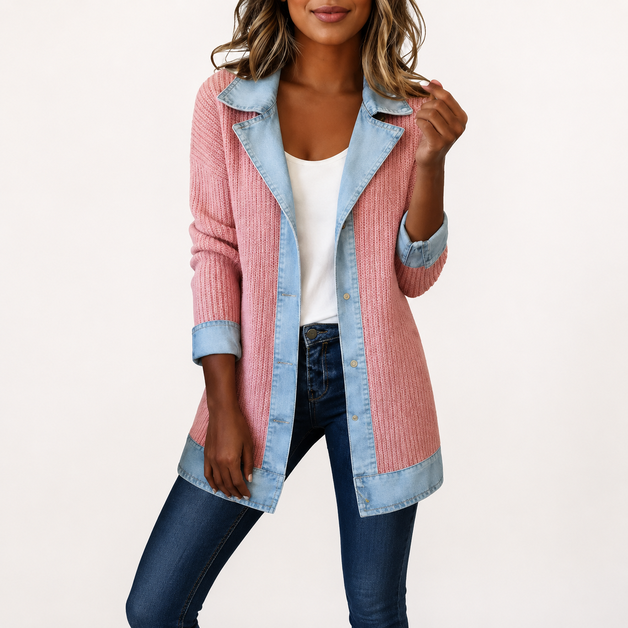 【🎉Limited-time 49% off】Elegant mixed-media denim and knit cardigan.
