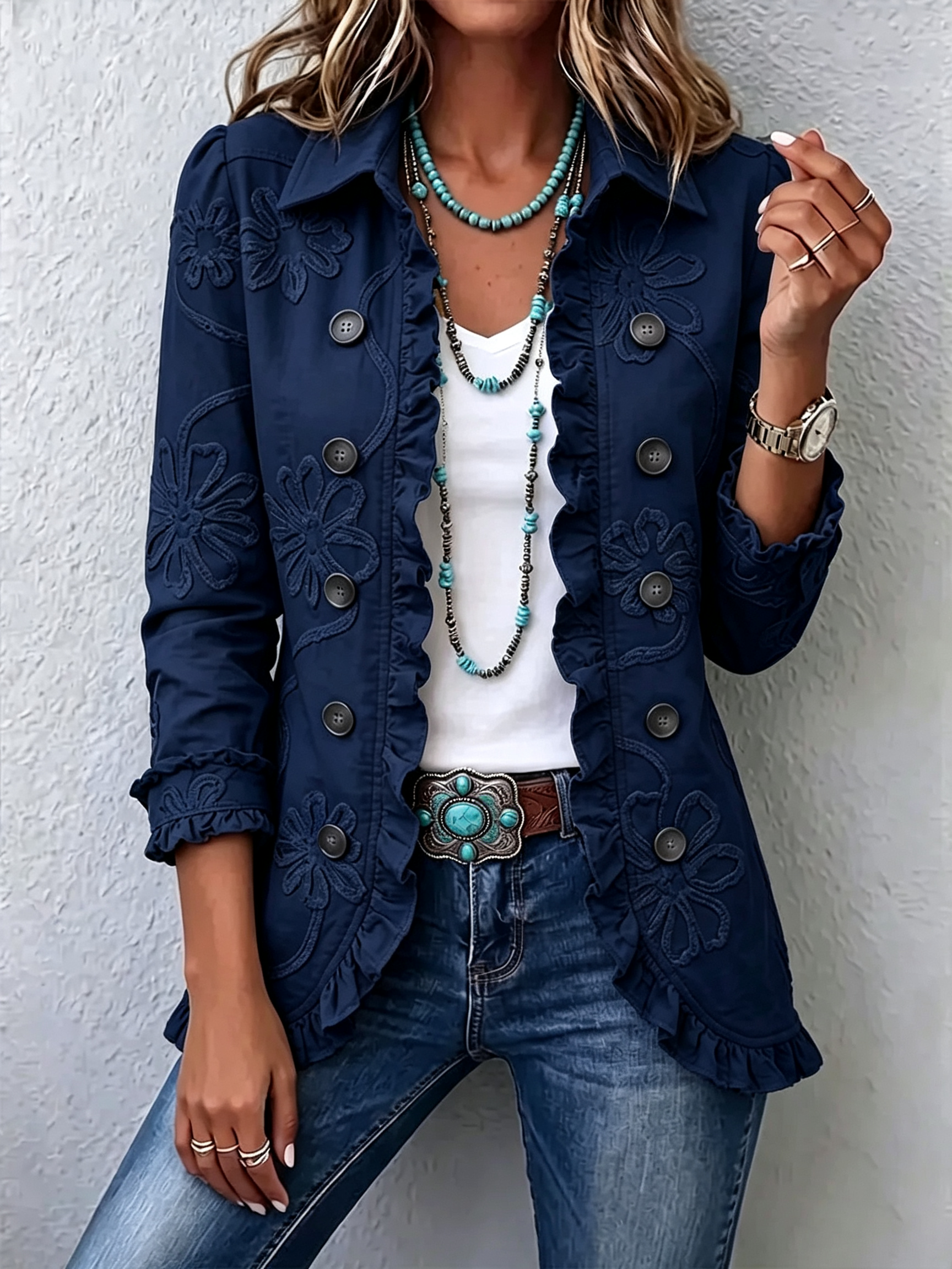 🤲LAST DAY SAVE 49% ⏰Boho-chic Floral Embroidered Utility Ruffled Trim Jacket