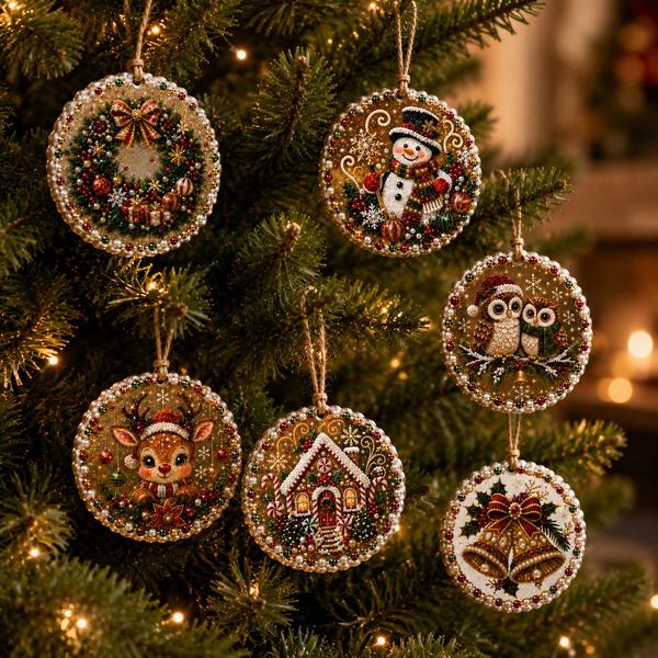 Vintage Round Christmas Ornaments Set of 6