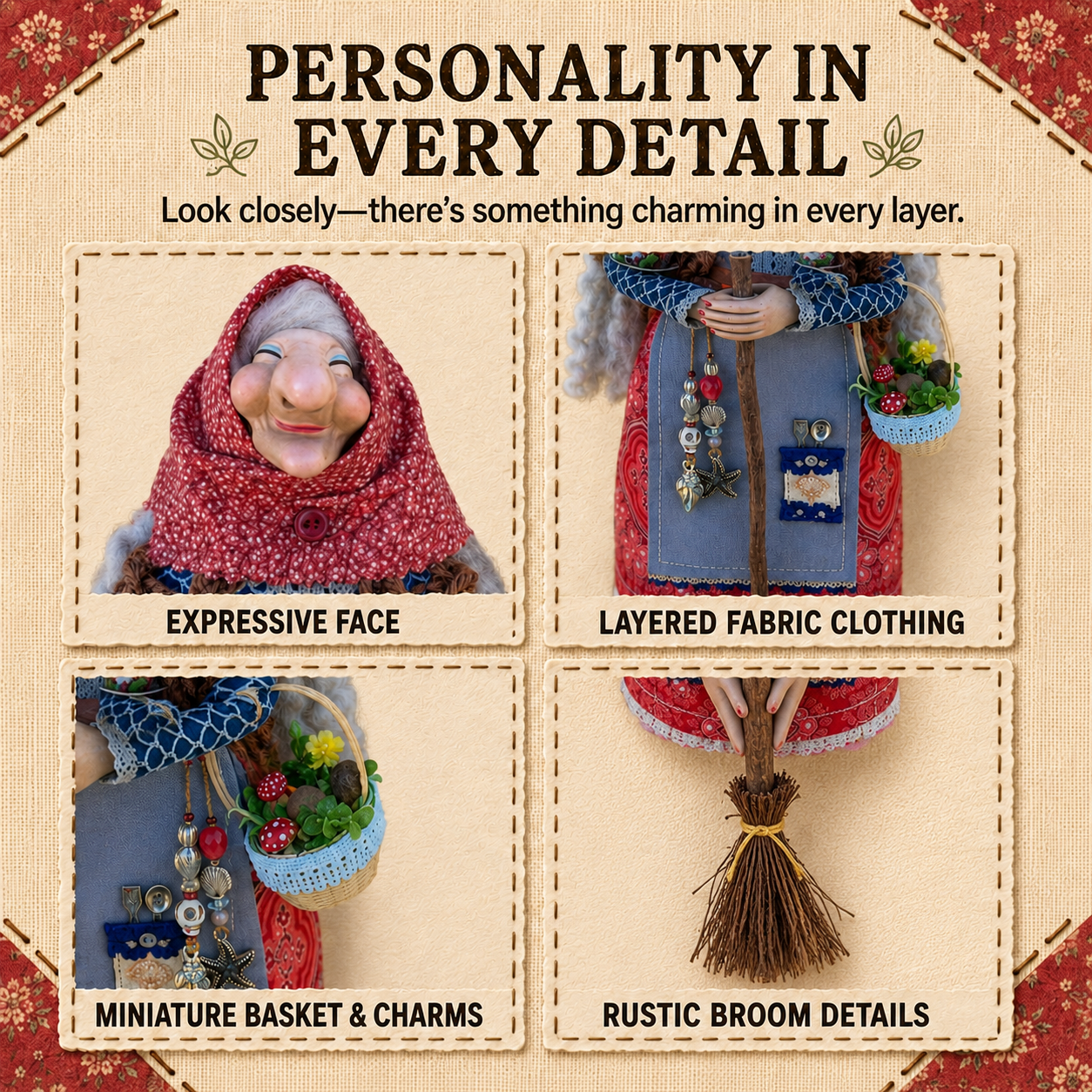 Miniature basket, trinkets, clothing and broom details