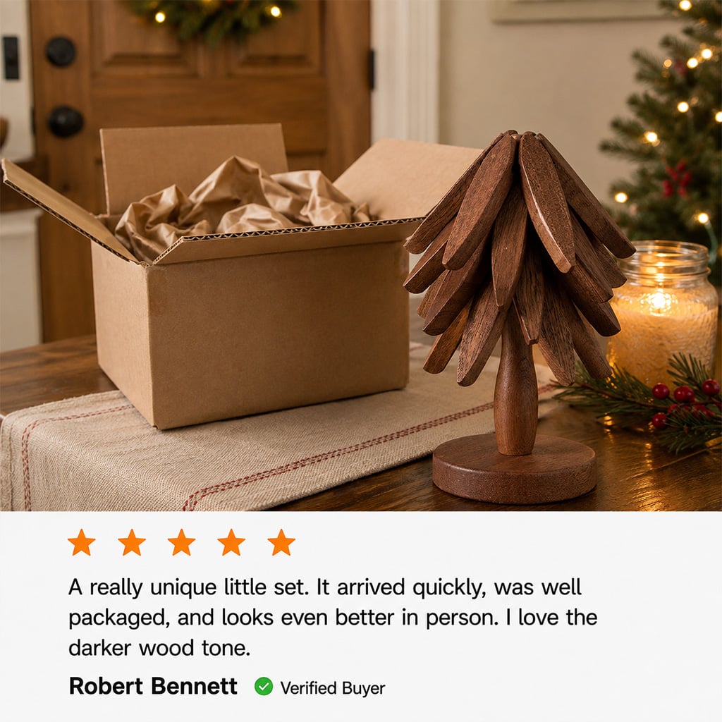 Customer review of the walnut Christmas tree coaster set