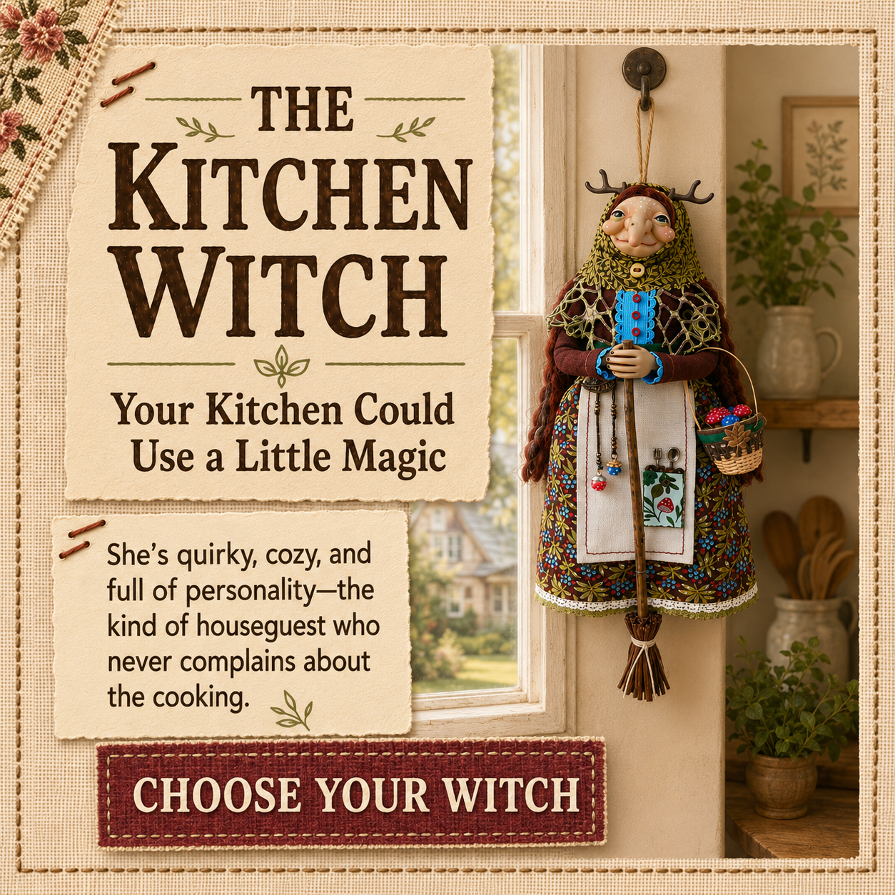 Folk-art kitchen witch displayed in a cozy home kitchen