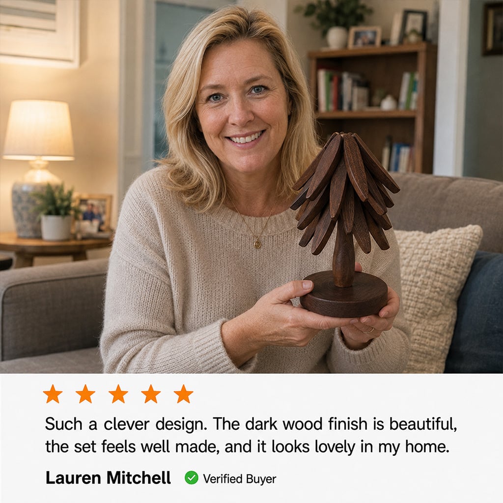 Customer photo holding the walnut Christmas tree coaster set
