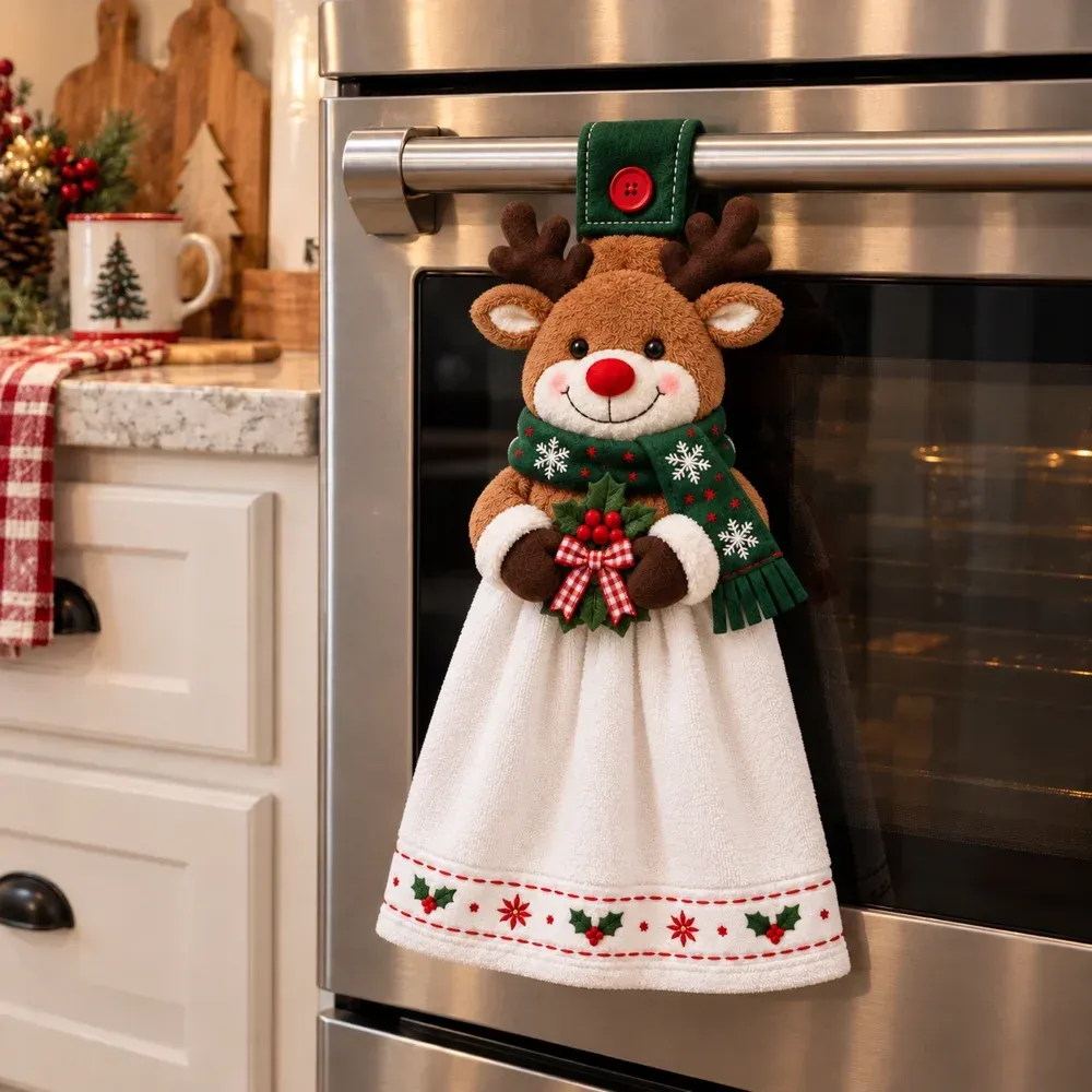 Reindeer Christmas hanging towel on oven handle