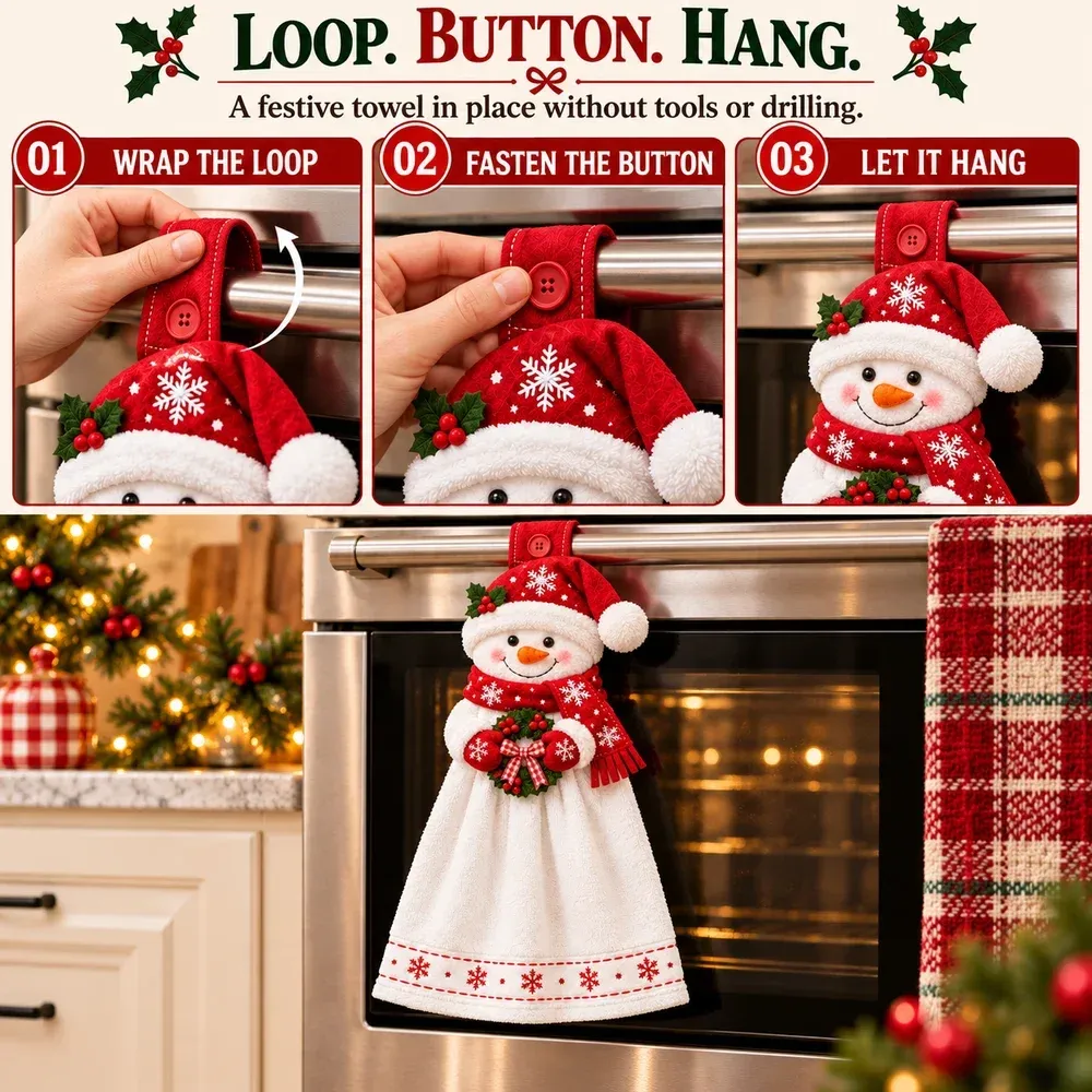 Three pictured steps: wrap the loop, fasten the button, and let the towel hang