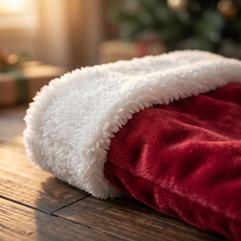 Close-up of plush red velvet and white sherpa texture